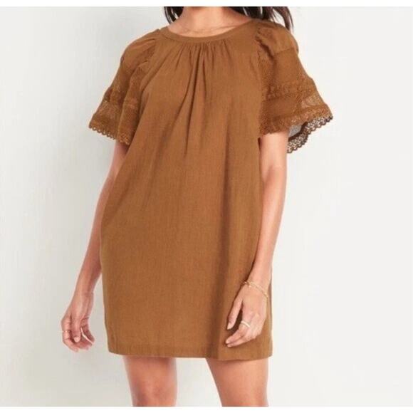 OLD NAVY Flutter-Sleeve 100% Cotton Mini Swing Crochet Dress Plus Size 2X Mocha - Picture 4 of 14